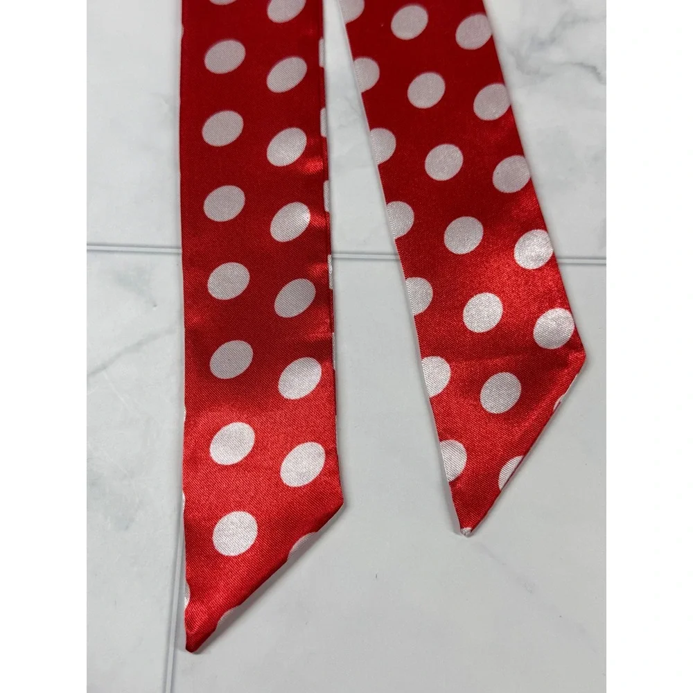 Red White Polka Dot Skinny Scarf Satin Feel Neck Tie Headband Accessory New
